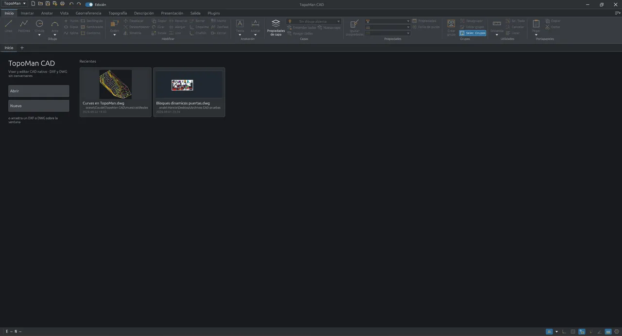 La pantalla de inicio de TopoMan CAD, con la cinta de herramientas y los dibujos recientes