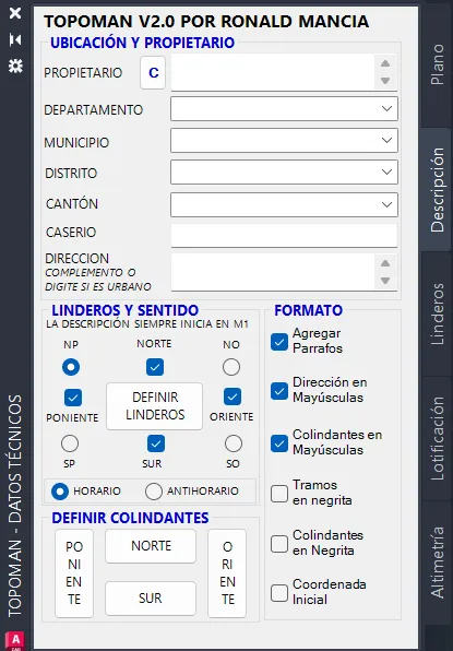 La pestaña Descripción de la paleta TopoMan