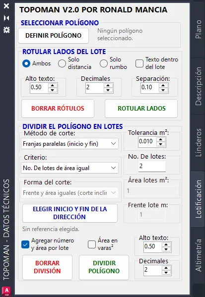 La pestaña Lotificación de la paleta TopoMan