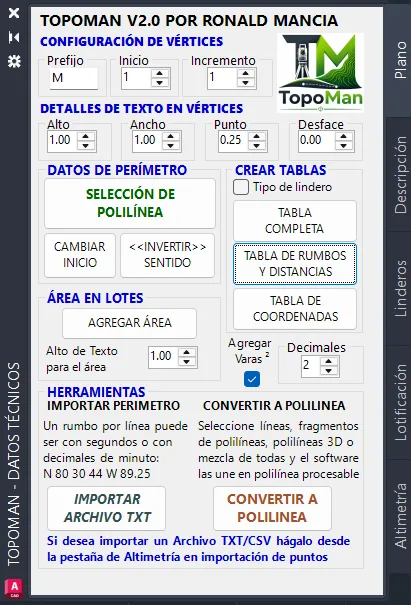 La paleta TopoMan dentro de AutoCAD, en la pestaña Plano